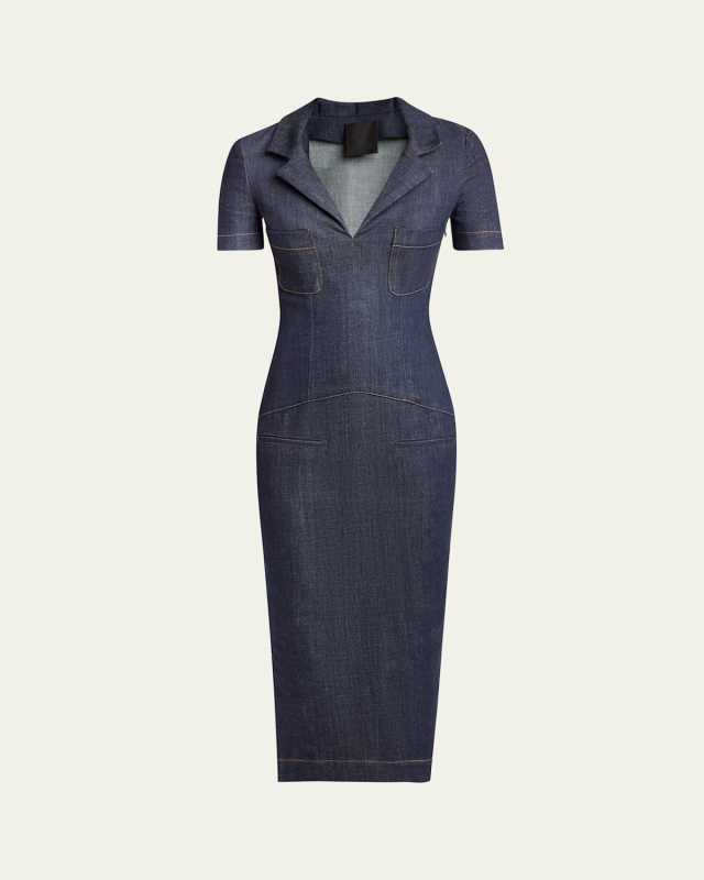 V-Neck Denim Midi Dress